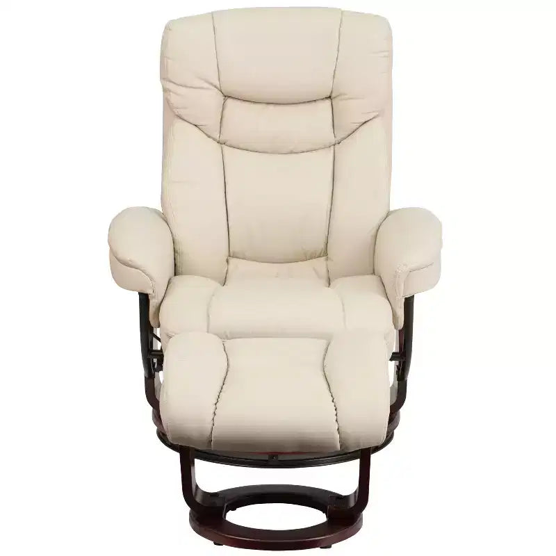 Poltrona reclinabile multiposizione e pouf curvo con base girevole in legno