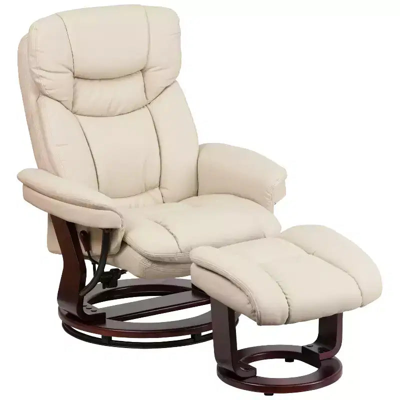 Poltrona reclinabile multiposizione e pouf curvo con base girevole in legno
