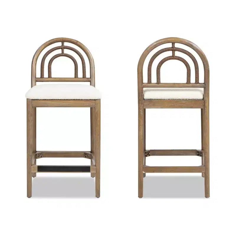 Sgabello da bancone con schienale arcuato in legno e imbottito, set da 2, bouclé bianco avorio