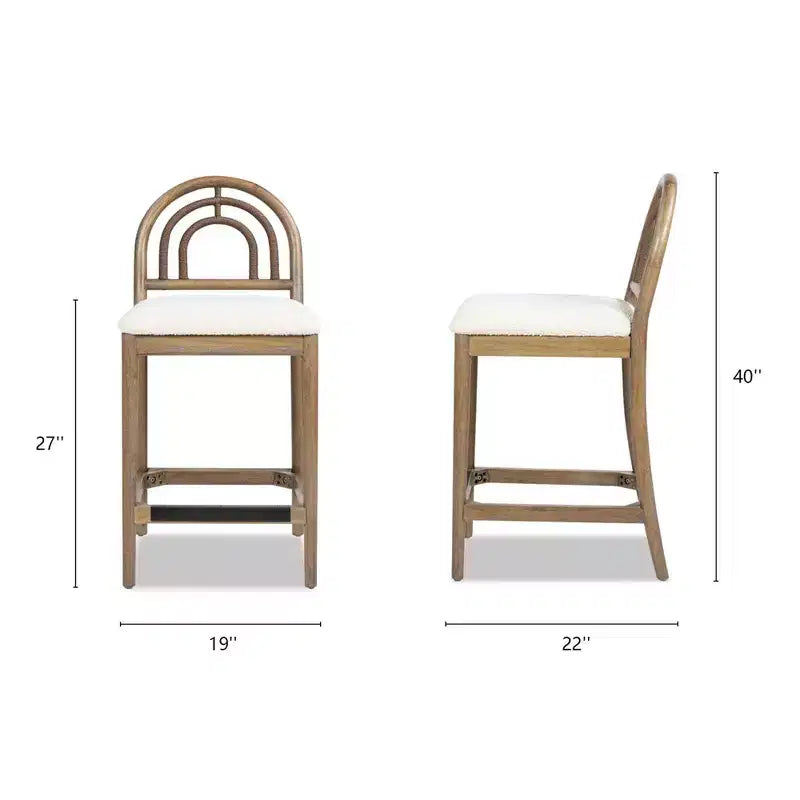Sgabello da bancone con schienale arcuato in legno e imbottito, set da 2, bouclé bianco avorio